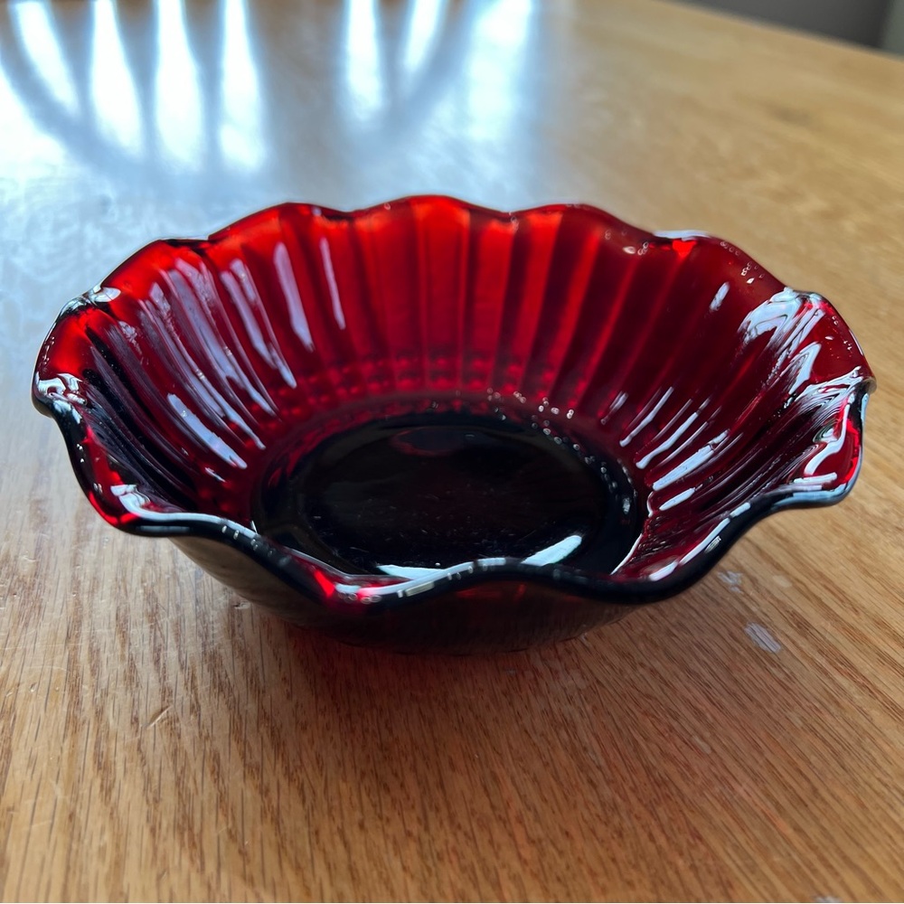 Anchor Hocking Vintage Ruby Red Ruffle Rim Serving Bowl